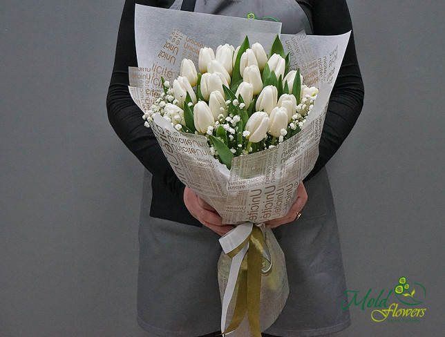 Bouquet with white tulips and gypsophila photo